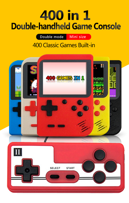 Retro handheld game consoles in 5 colors with second-player controller