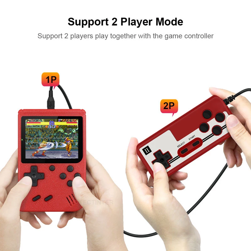 Two players using the handheld console and controller together