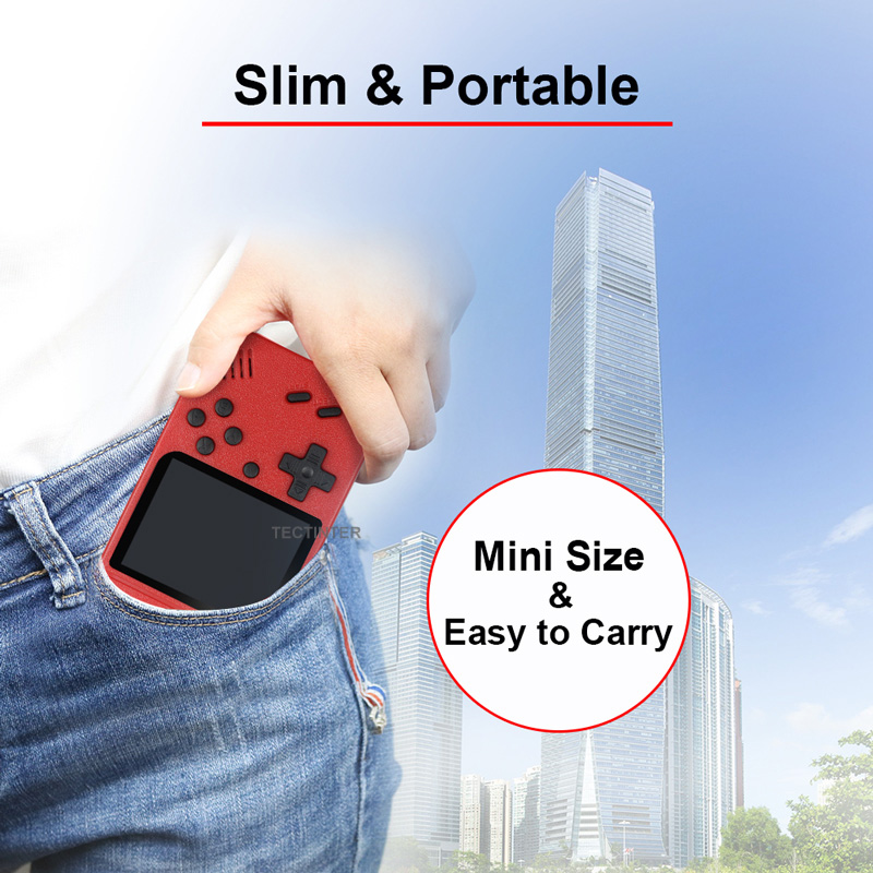 Pocket-sized red handheld game console slipped into a jeans pocket