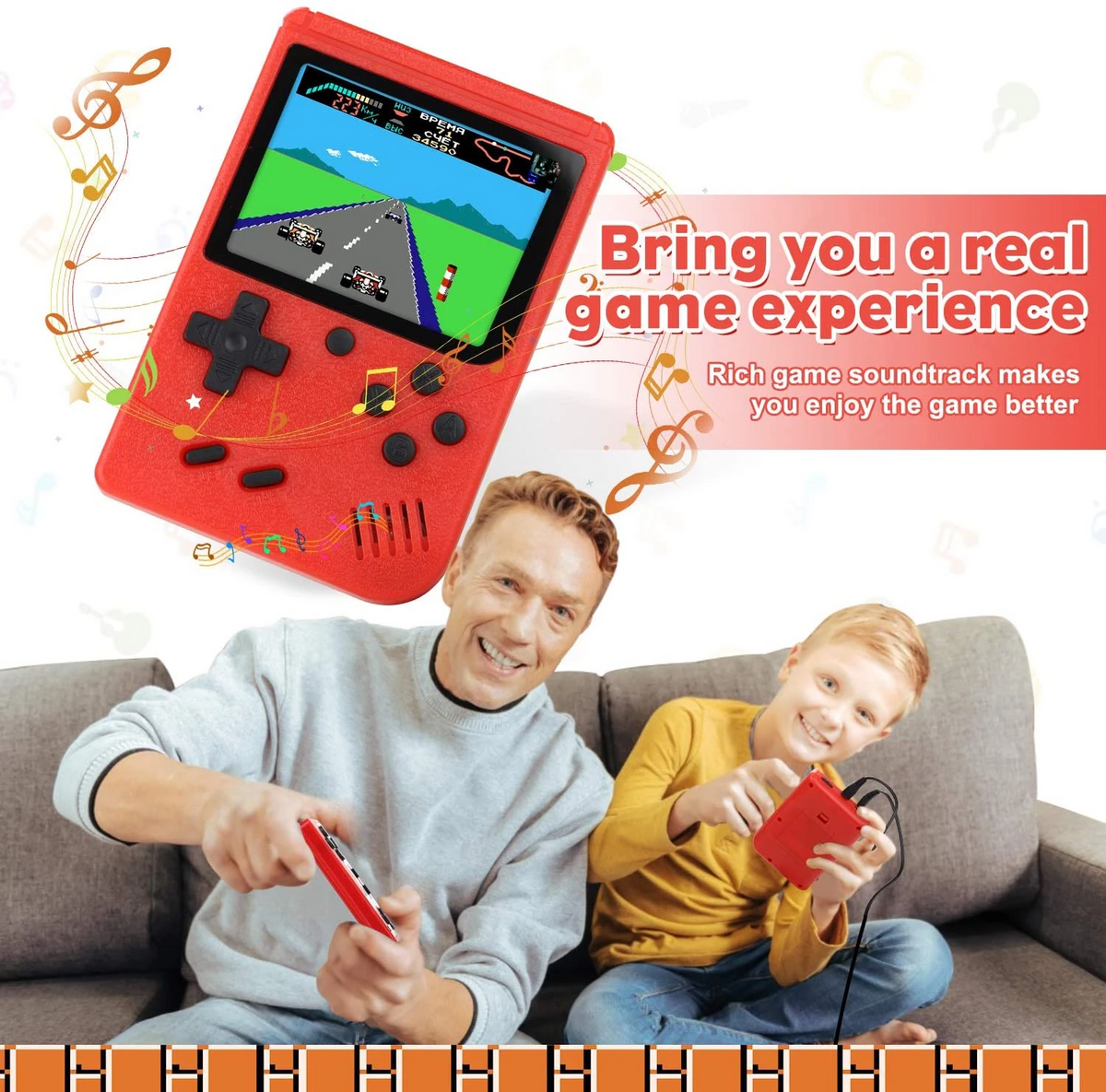 Father and son playing the retro handheld game console on a sofa