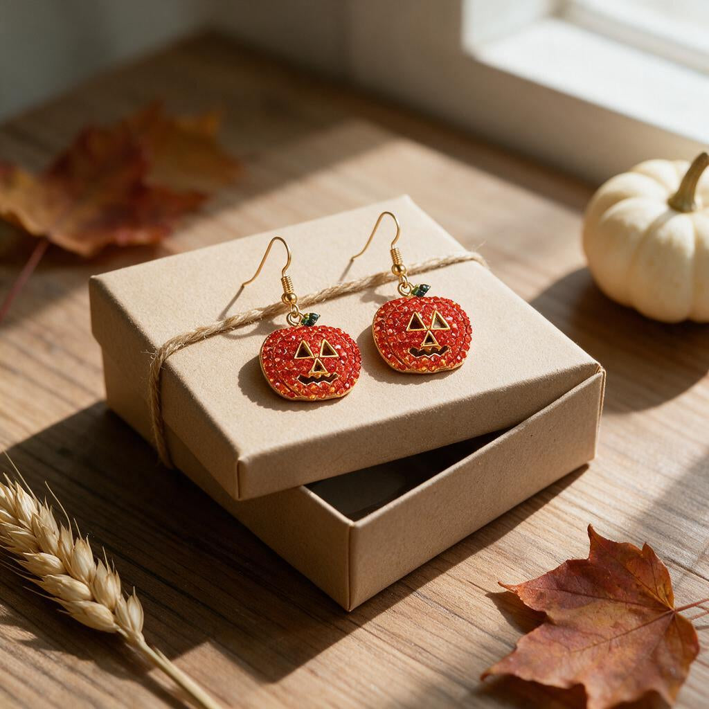 Rhinestone jack-o-lantern earrings on a kraft gift box tied with twine, with autumn leaves and a white mini pumpkin