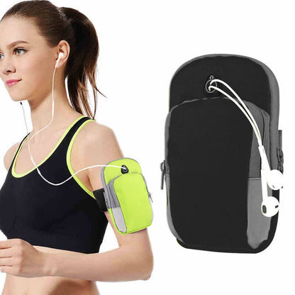 Woman wearing the green phone armband pouch on her upper arm with earphones, next to the black pouch
