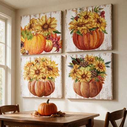 Set of four sunflower and pumpkin canvas prints hung above a farmhouse dining table