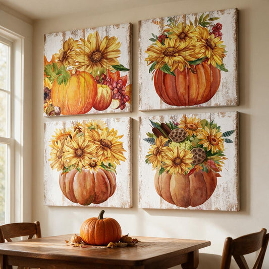 Set of four sunflower and pumpkin canvas prints hung above a farmhouse dining table
