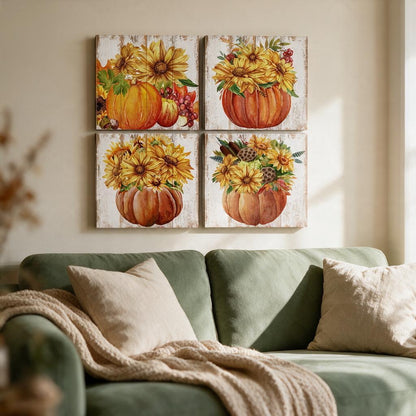 Four 12x12 sunflower and pumpkin canvas prints hung in a 2x2 grid above a sage green sofa