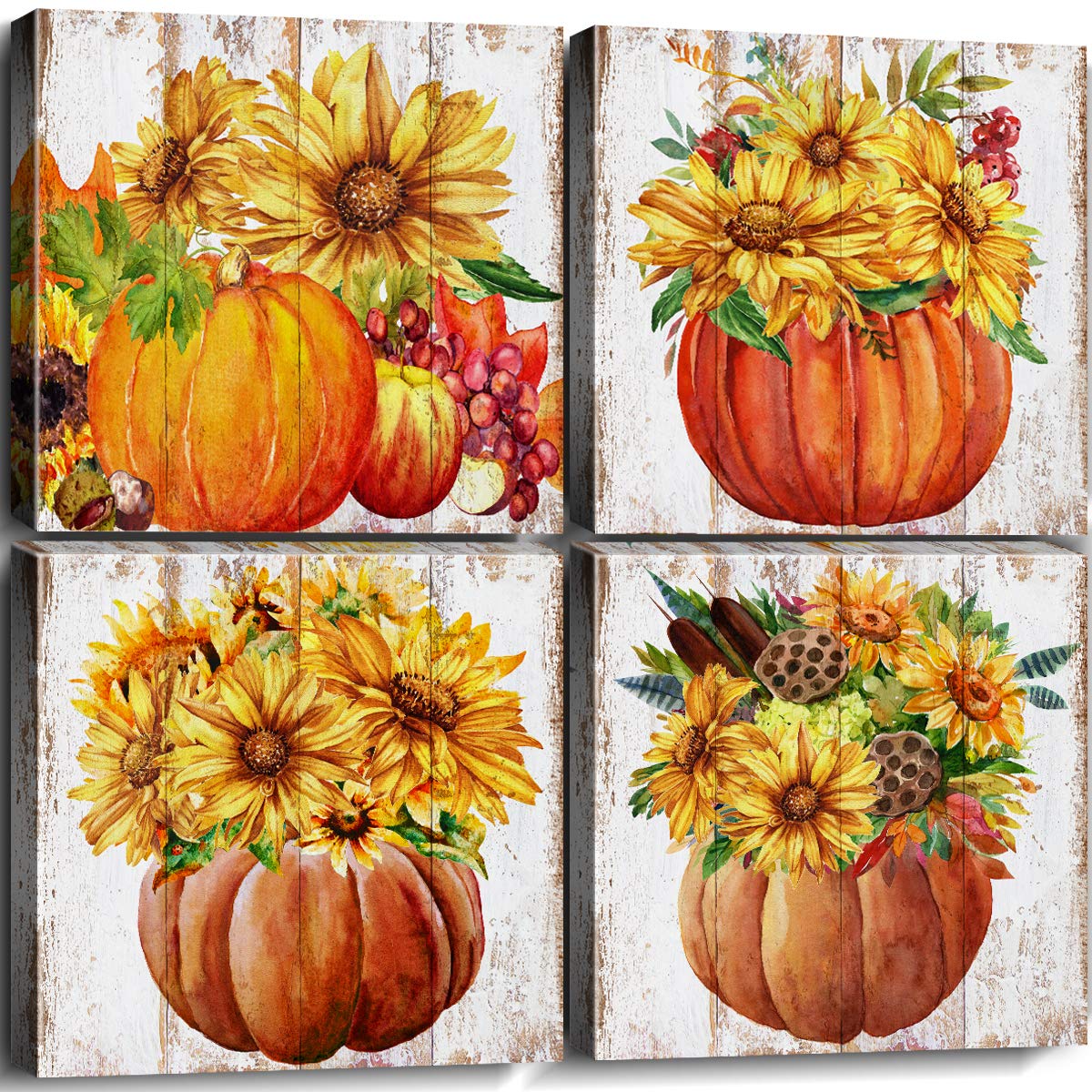 Set of four sunflower and pumpkin canvas prints on a rustic wood-grain background
