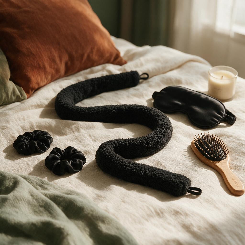 Black heatless hair curling rod on a linen bed with scrunchies, sleep mask and hairbrush