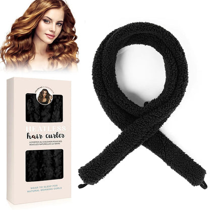 Black heatless hair curling rod with its gift box and a model with soft curls