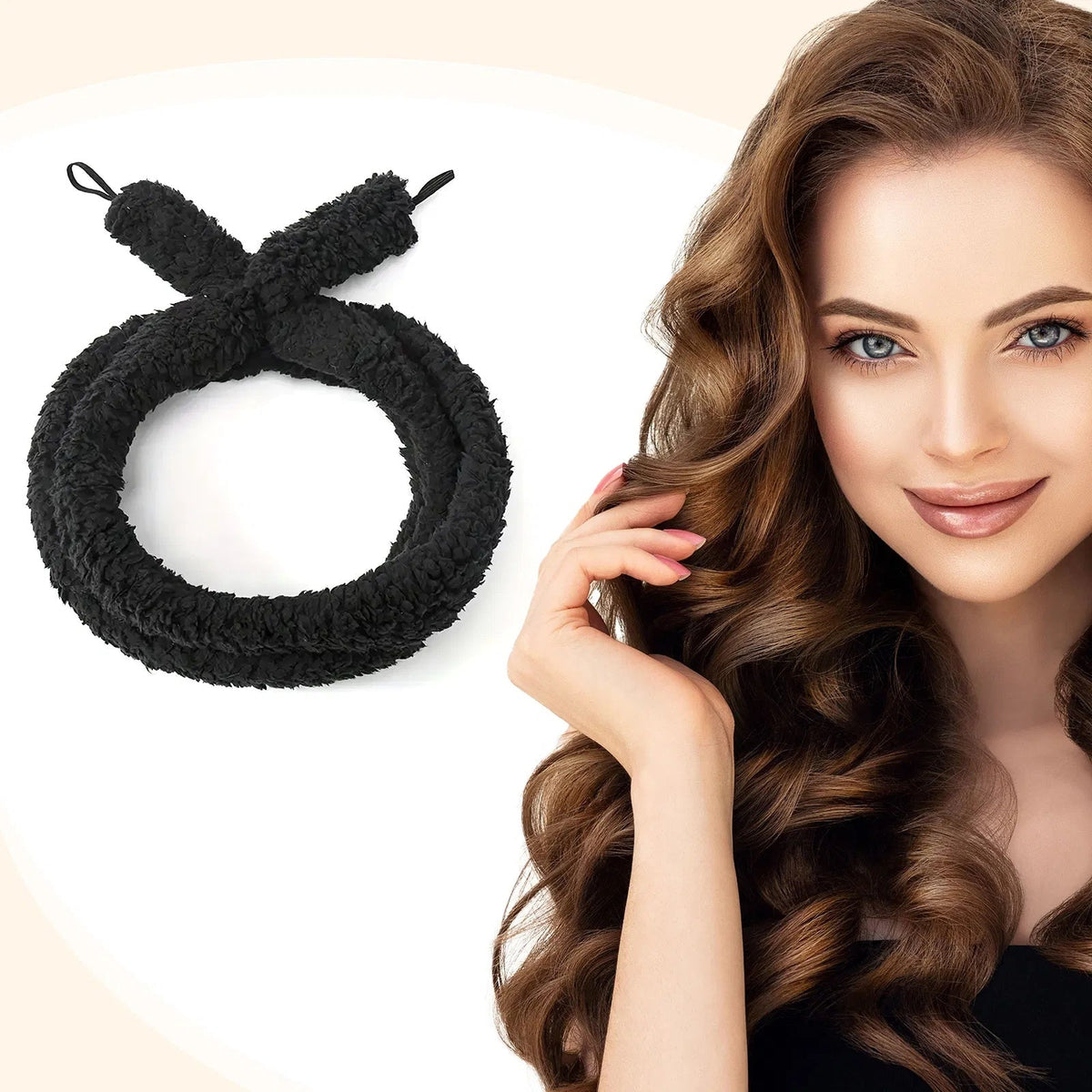 Heatless curling rod shaped into a loop next to a woman with long wavy hair