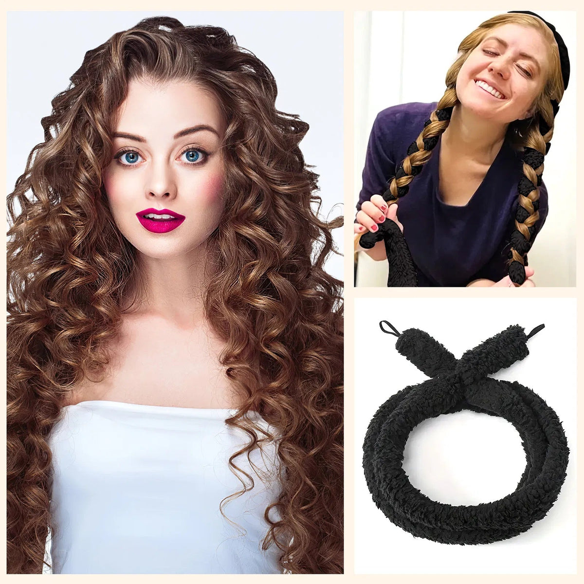 Woman with bouncy curls, a woman wearing the heatless curler, and the black curling rod
