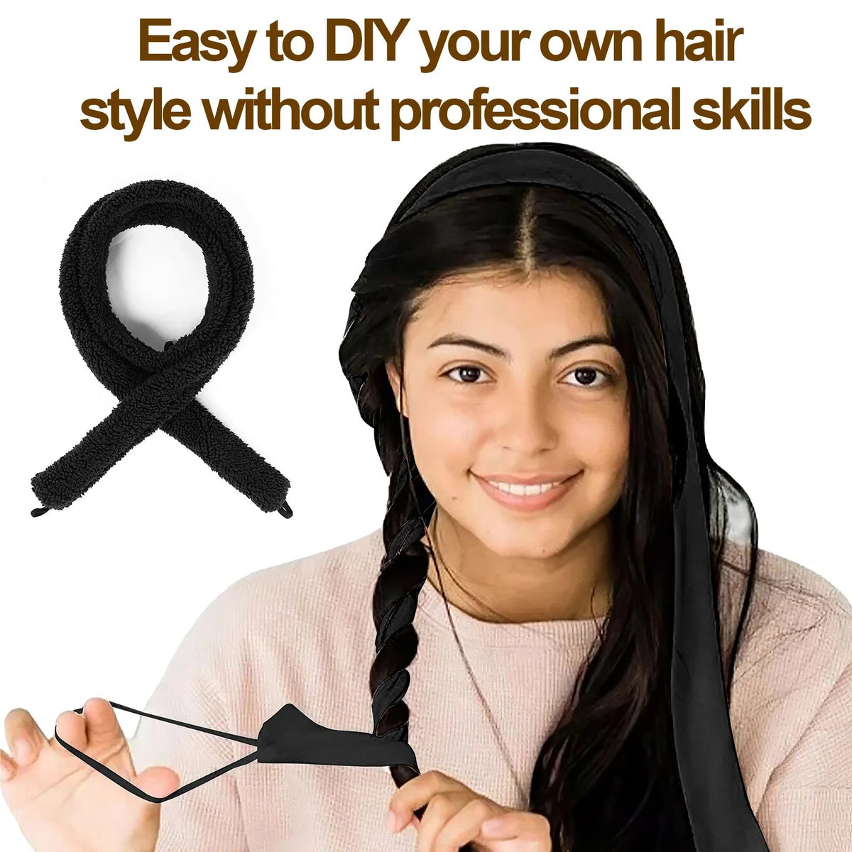 Woman wearing the black heatless curler wrapped into her hair overnight