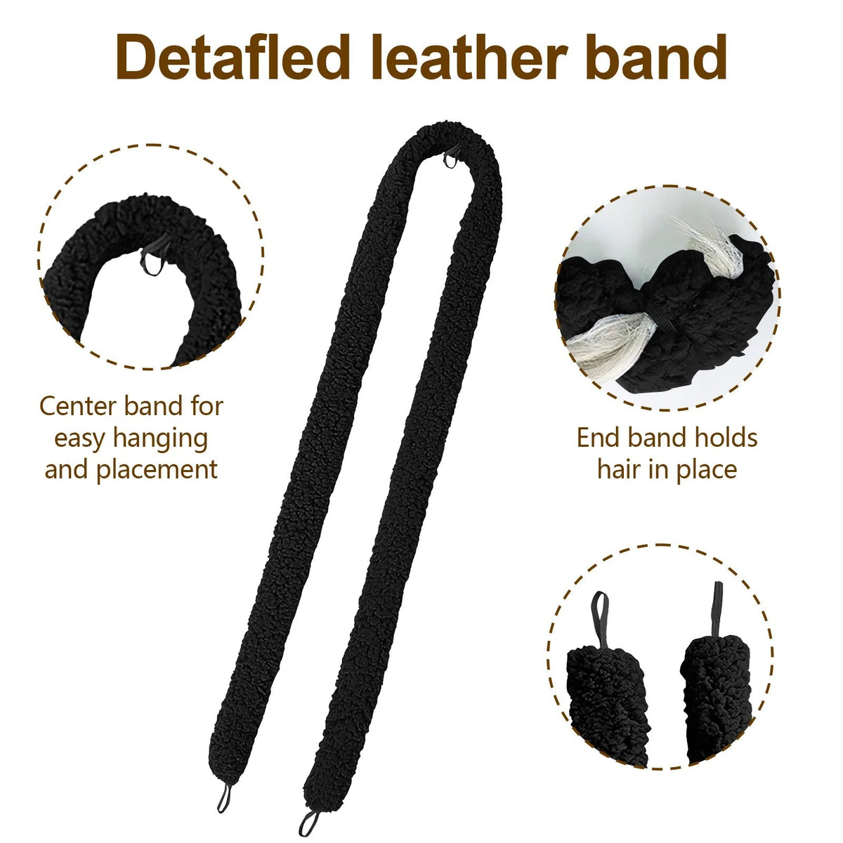 Heatless curling rod details: center band for hanging and end bands that hold hair in place