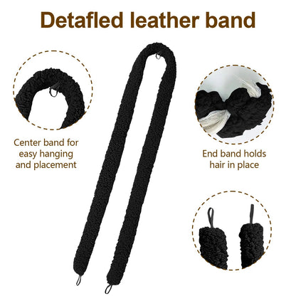 Heatless curling rod details: center band for hanging and end bands that hold hair in place