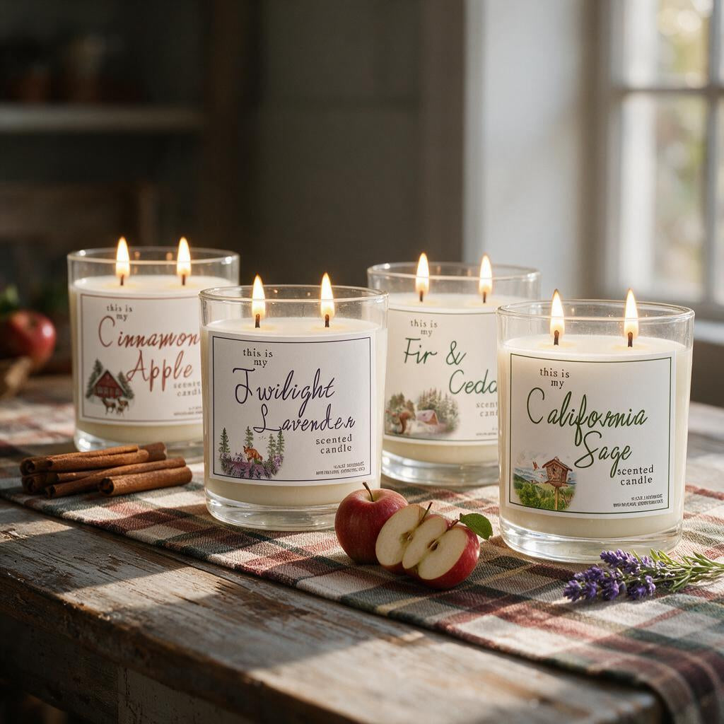 Four two-wick soy candle jars lit on a farmhouse table with apples, cinnamon and lavender