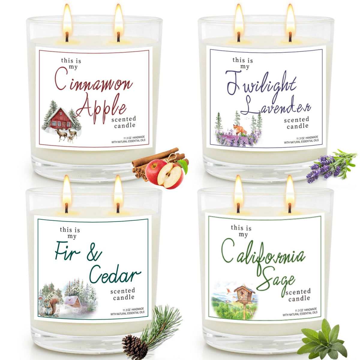 Four 2-wick soy candles on white: Cinnamon Apple, Twilight Lavender, Fir & Cedar and California Sage