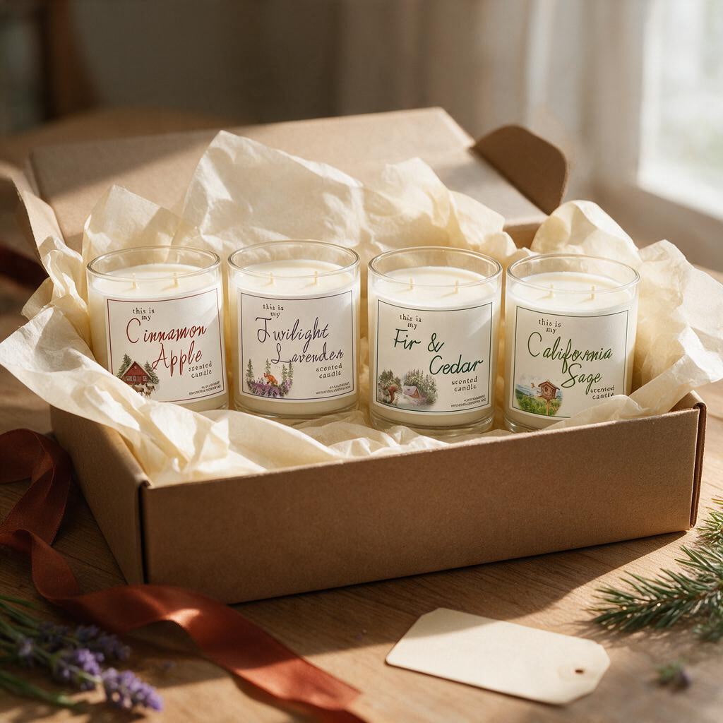 Cinnamon Apple, Twilight Lavender, Fir & Cedar and California Sage soy candles in an open kraft gift box with tissue and ribbon