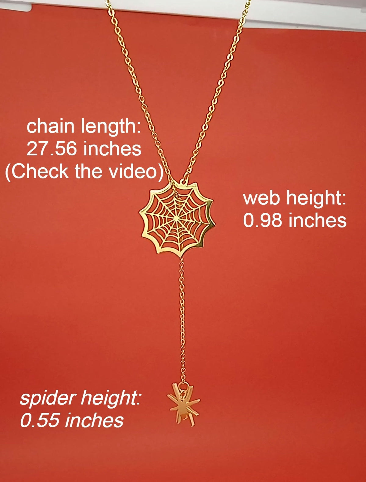 Gold spider web necklace measurements: 27.56-inch chain, 0.98-inch web, 0.55-inch spider