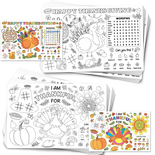 Thanksgiving coloring placemats for kids with word find, tic-tac-toe and I Am Thankful For pages
