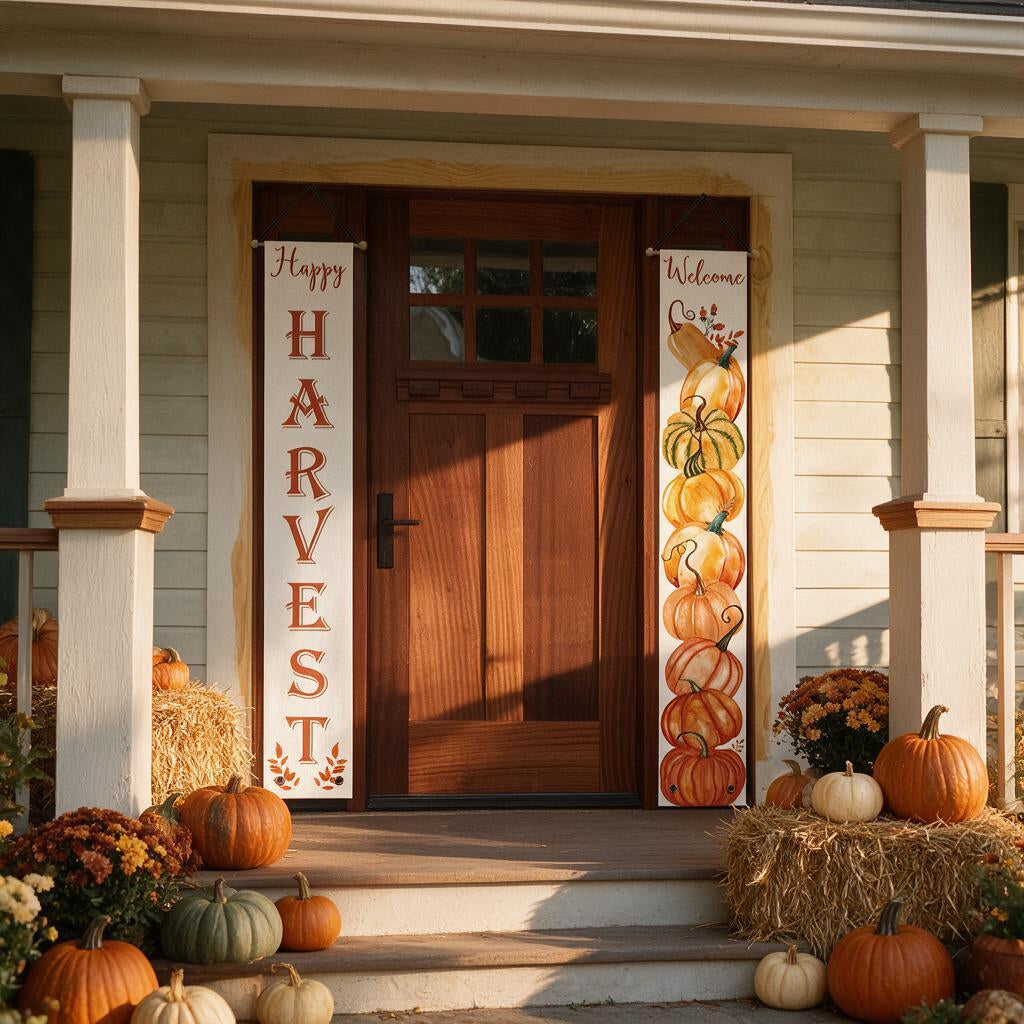 Happy Harvest and Welcome porch banners beside a front door with hay bales and pumpkins