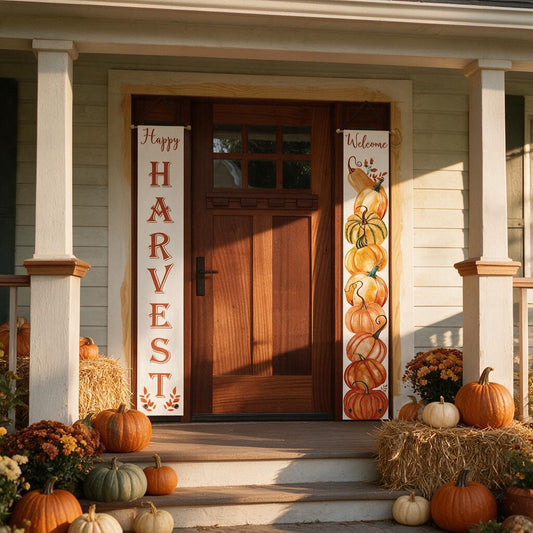 Happy Harvest and Welcome porch banners beside a front door with hay bales and pumpkins