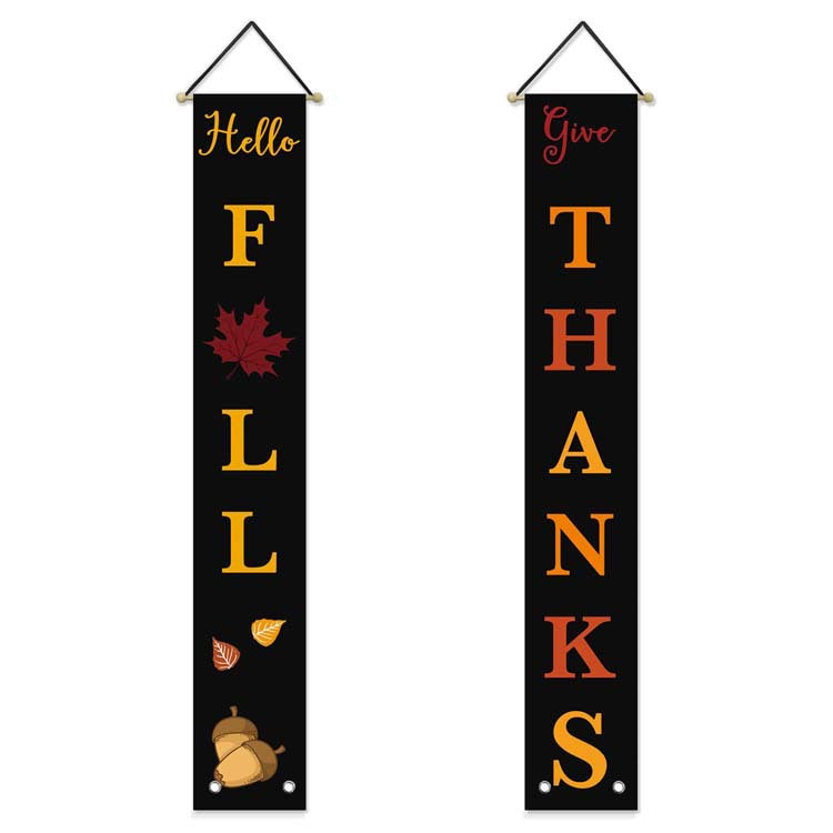 Black Hello Fall and Give Thanks porch banners on white