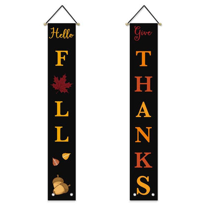 Black Hello Fall and Give Thanks porch banners on white