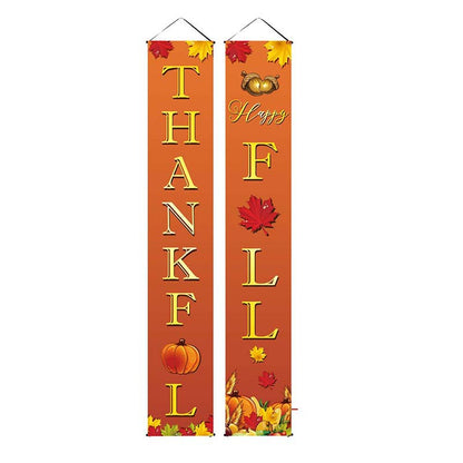 Orange Thankful and Happy Fall porch banners with pumpkins and maple leaves
