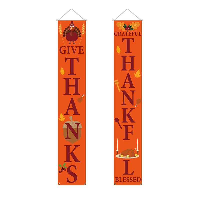 Orange Give Thanks and Grateful Thankful Blessed porch banners with a turkey