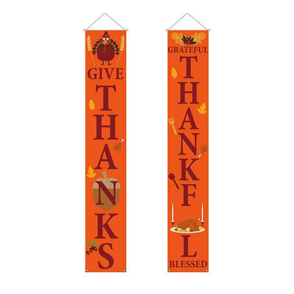 Orange Give Thanks and Grateful Thankful Blessed porch banners with a turkey