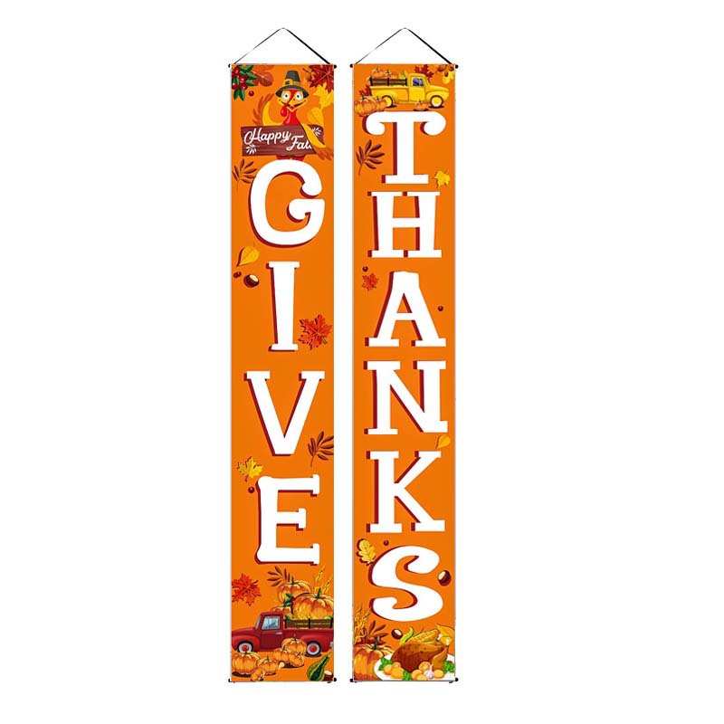 Orange Give Thanks porch banner set with fall truck and turkey designs