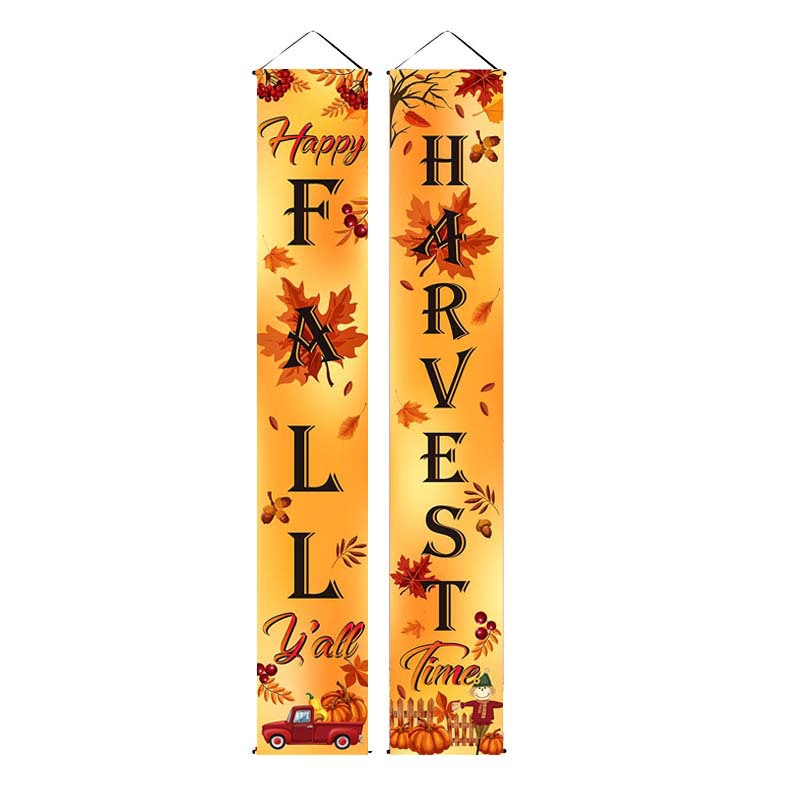 Happy Fall Y'all and Harvest Time porch banners with autumn leaves