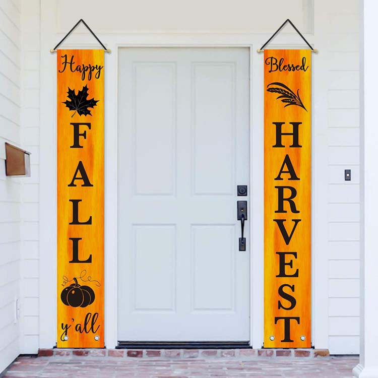 Orange Happy Fall Y'all and Blessed Harvest banners beside a white front door