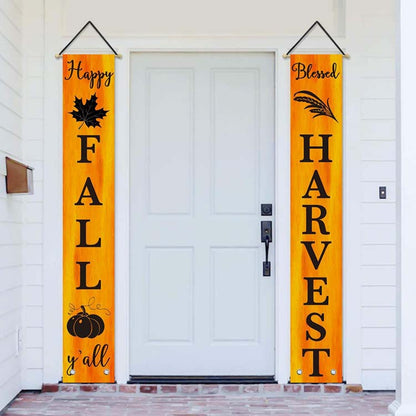 Orange Happy Fall Y'all and Blessed Harvest banners beside a white front door