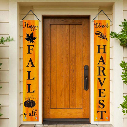 Happy Fall Y'all and Blessed Harvest banners framing a wooden front door