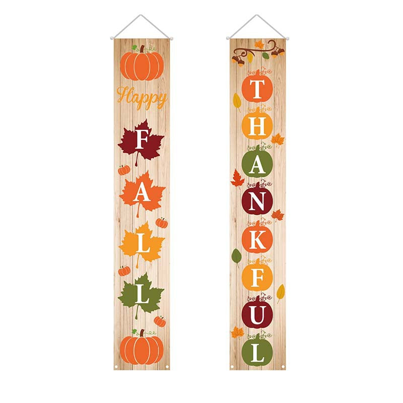 Happy Fall and Thankful porch banners with pumpkins and leaves on a wood-grain background