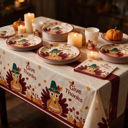 Give Thanks turkey plates, cups, napkins and tablecloth set on a Thanksgiving table