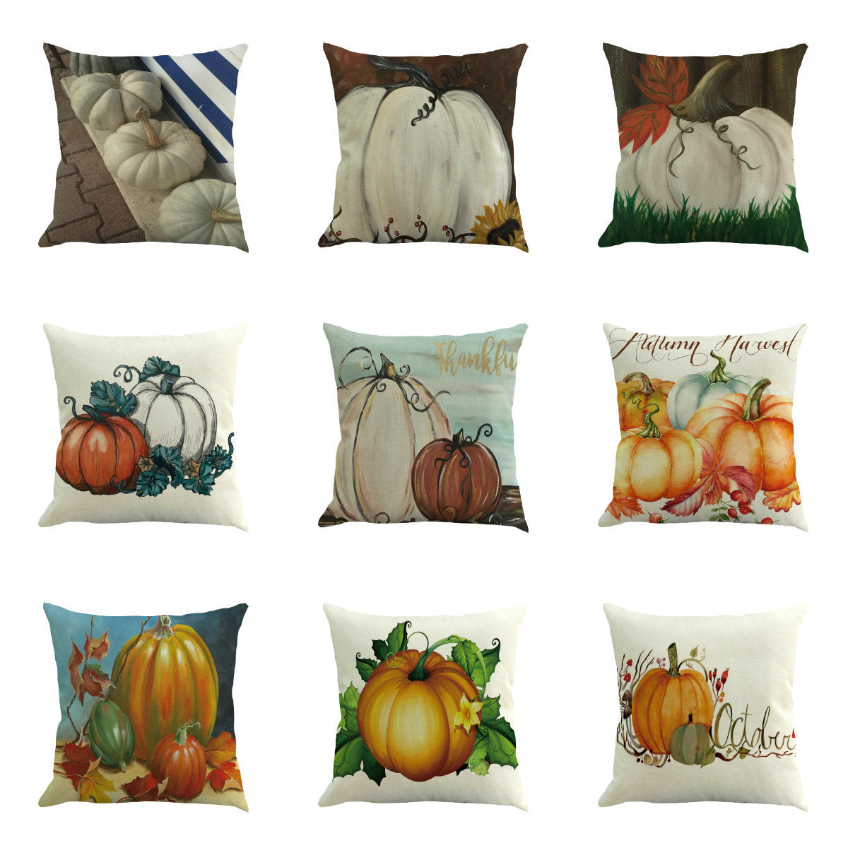 All 9 Thanksgiving pillow cover designs with painted pumpkins