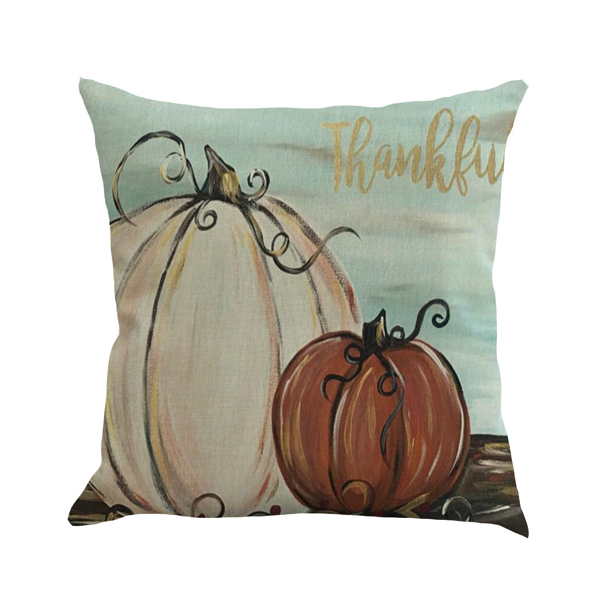 Thankful pillow cover with painted white and rust pumpkins on blue