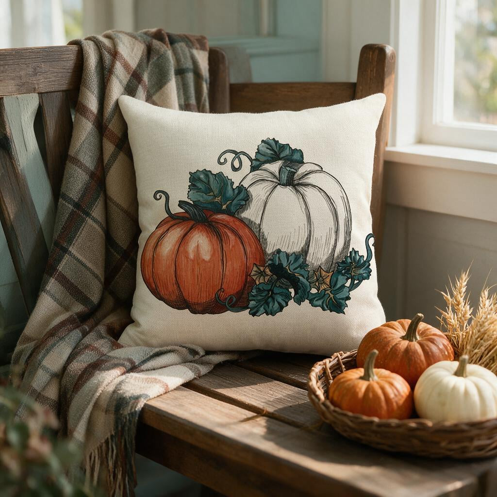 Painted pumpkin Thanksgiving pillow cover on a wooden bench with a plaid throw and pumpkins