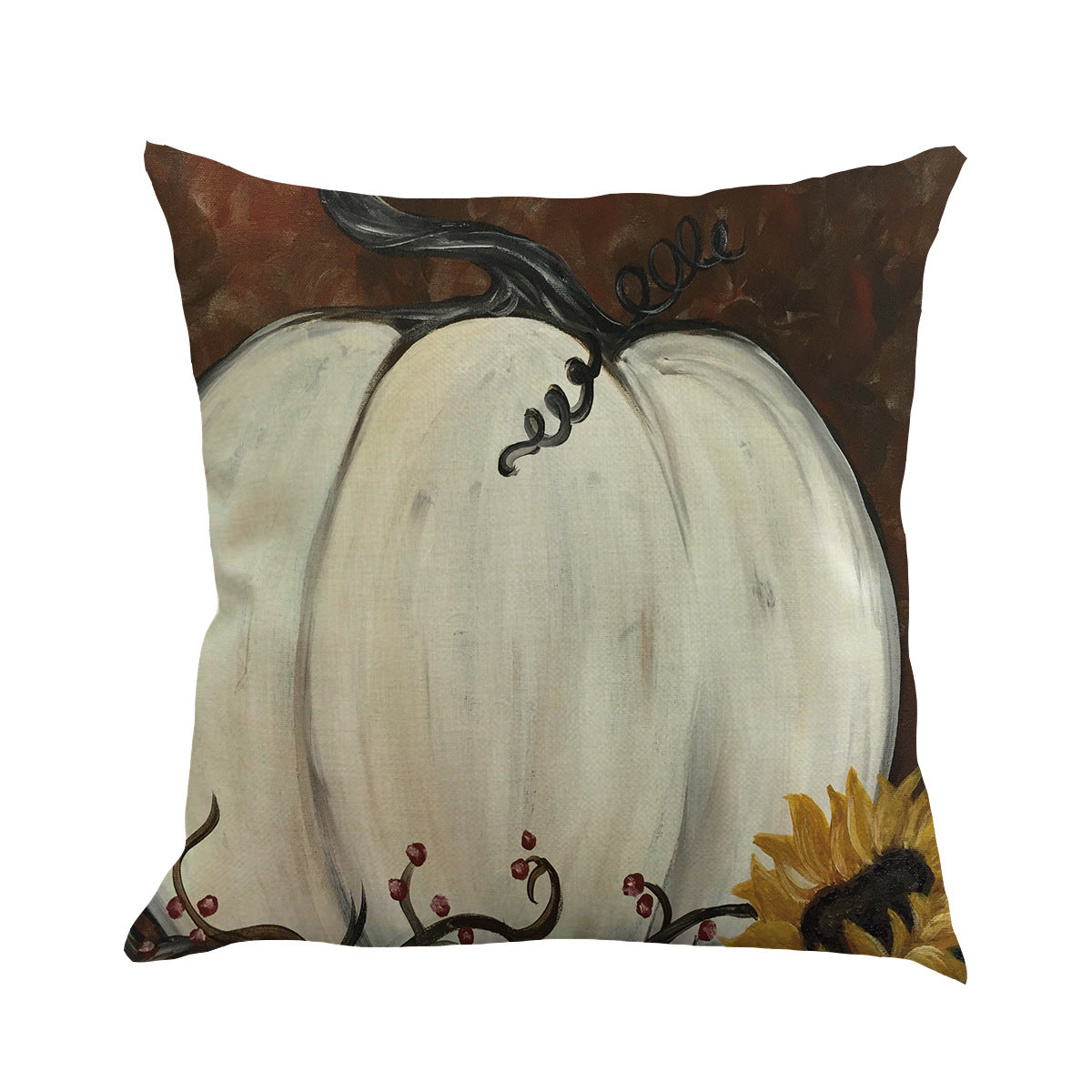 Pillow cover with a painted white pumpkin and sunflower on brown