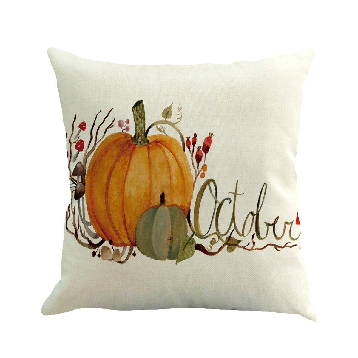 Pillow cover with watercolor pumpkins and October script