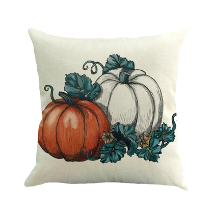 Pillow cover with sketched orange and white pumpkins and teal leaves