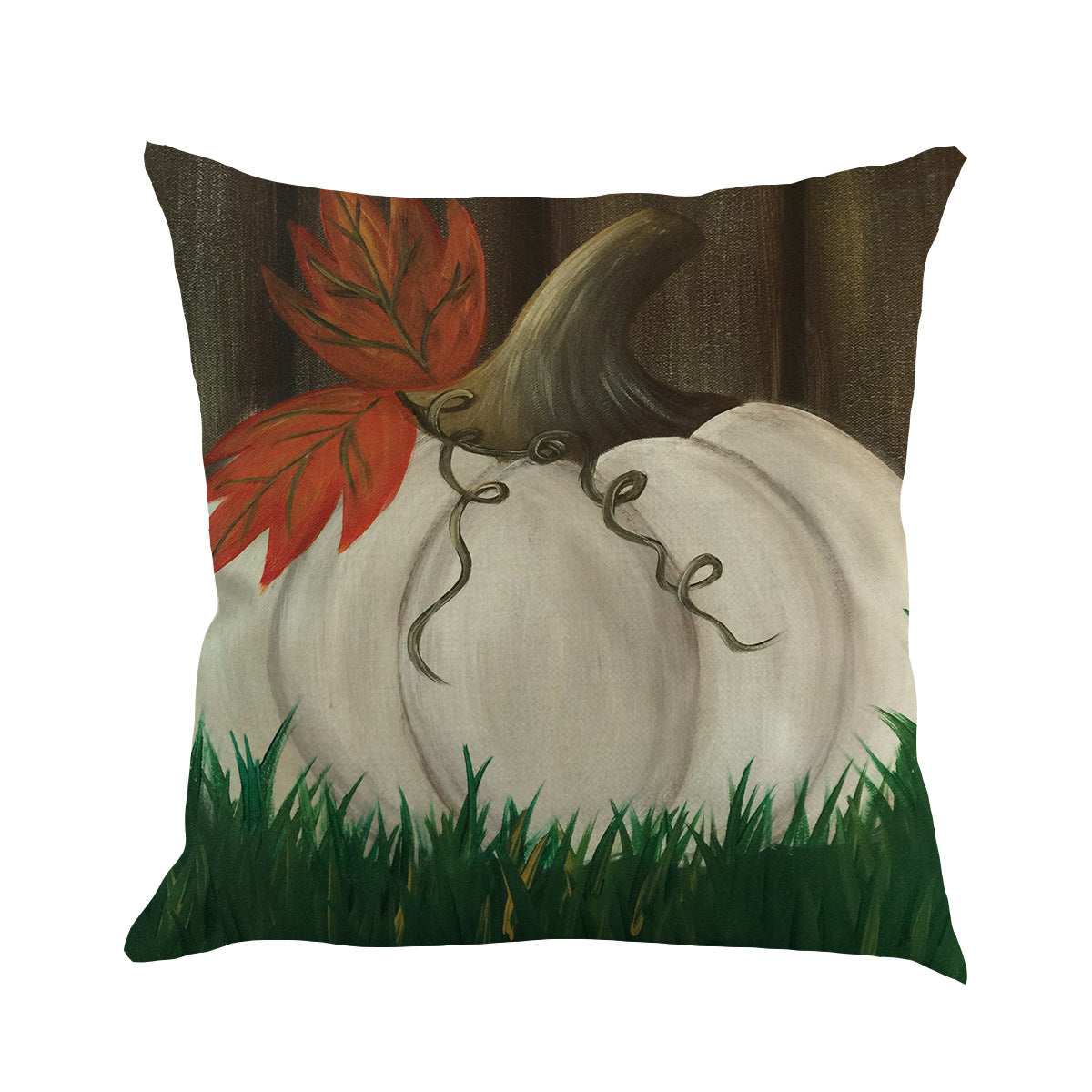 Pillow cover with a painted white pumpkin, red leaf and grass