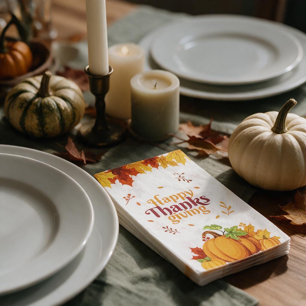 Happy Thanksgiving pumpkin dinner napkins on a Thanksgiving table with candles and pumpkins