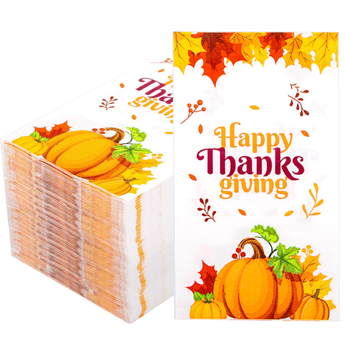 Stack of Happy Thanksgiving pumpkin paper dinner napkins with an unfolded napkin showing the full print