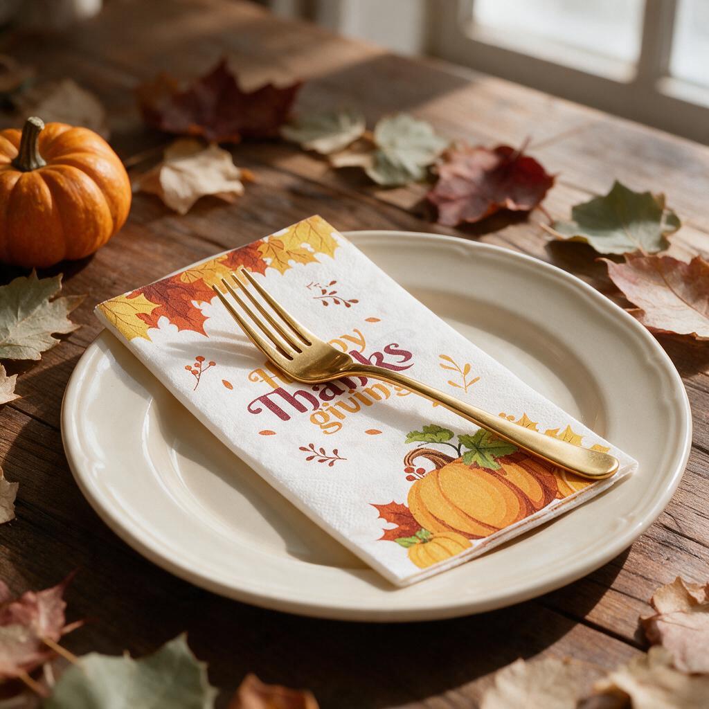 Happy Thanksgiving pumpkin paper napkin folded on a cream dinner plate with a gold fork at a fall place setting
