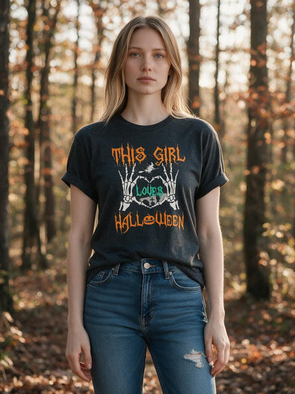Woman wearing the This Girl Loves Halloween t-shirt with jeans in an autumn forest