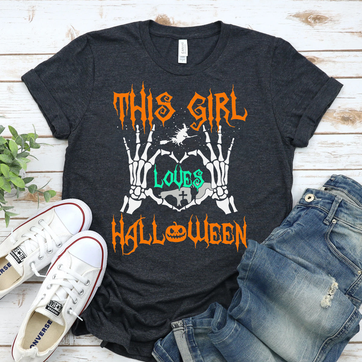 This Girl Loves Halloween t-shirt in dark gray heather styled with jeans and sneakers