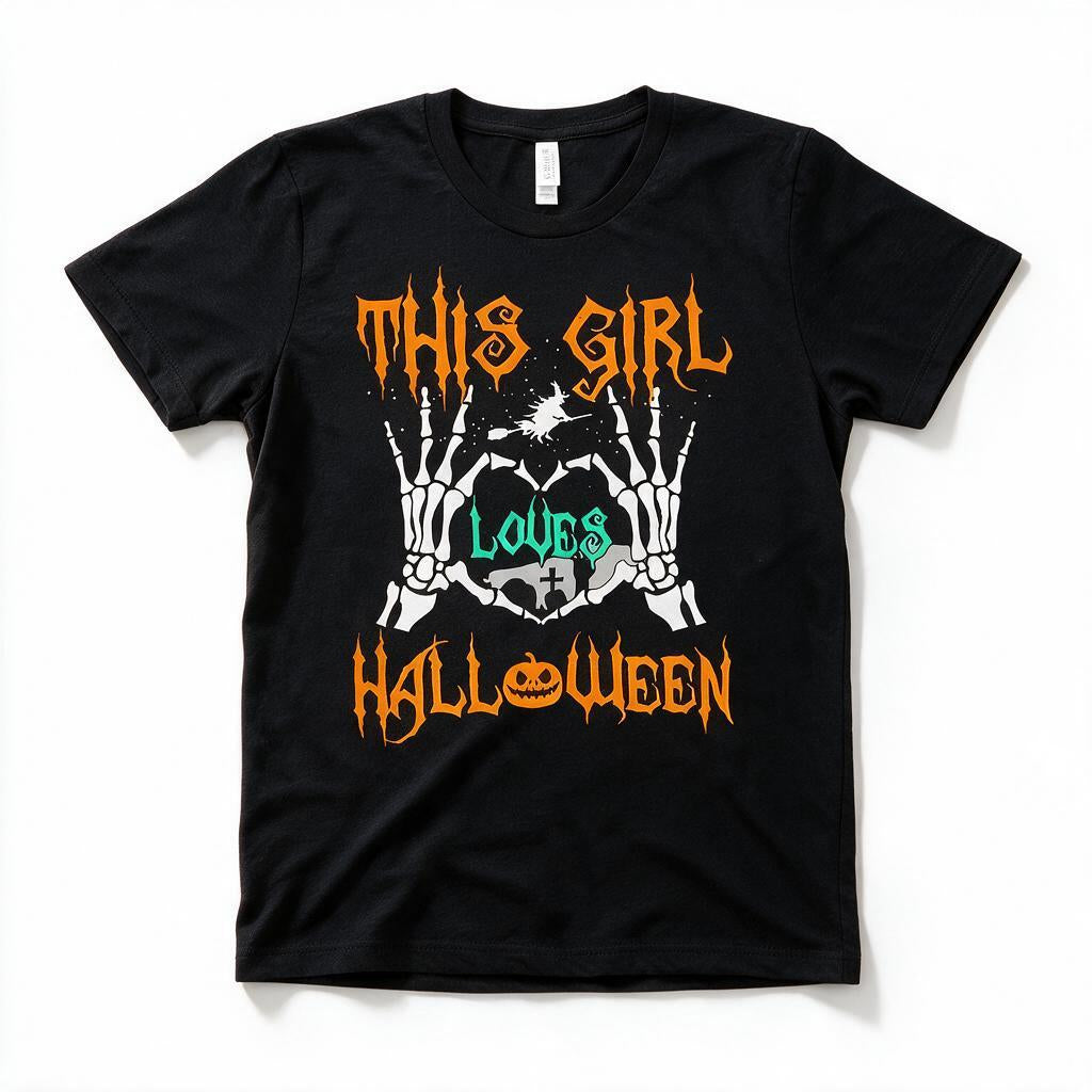This Girl Loves Halloween t-shirt in black, flat lay on white