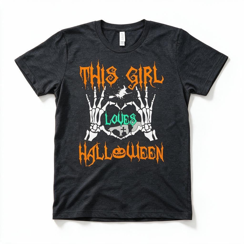 This Girl Loves Halloween t-shirt in dark gray heather, flat lay on white